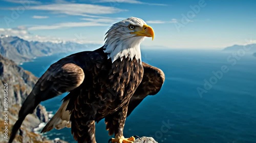 Majestic Bald Eagle Perched on Cliff Overlooking Ocean