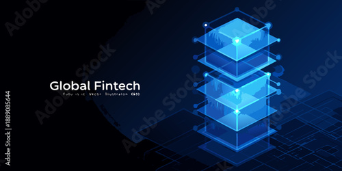 Abstract digital network with glowing layers and fintech branding elements