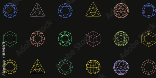 Assorted colorful geometric shapes displayed on a black background