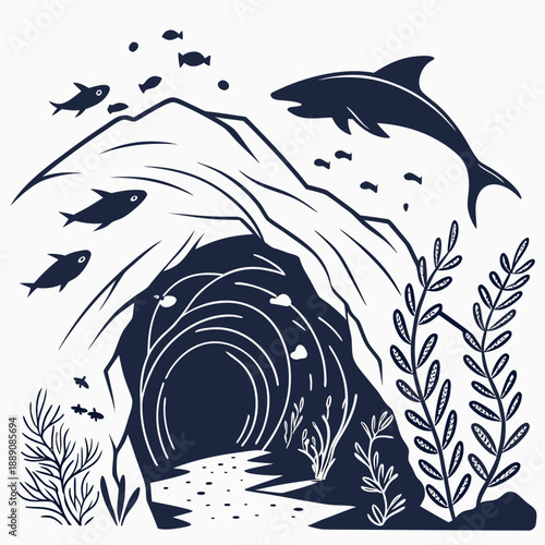 Shark exploring underwater cave