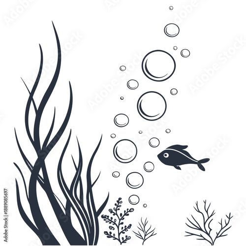Fish swimming amongst bubbles and seaweed