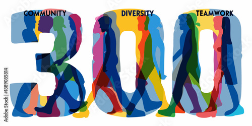 Silhouettes of people forming the number 300 with words of unity