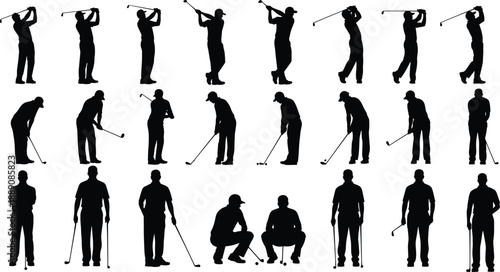 Golf player silhouette collection, vector illustration of golfers in different poses, sports activity artwork, professional athlete practicing swing and putting technique