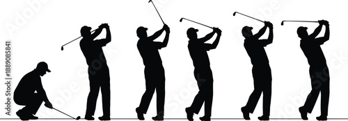 Golf swing progression, professional male athlete silhouette, dynamic motion sequence, vector illustration for sports, fitness, and skill development, isolated on a clean white background.