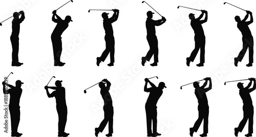 PrintGolf swing silhouette vector illustration, twelve stages of motion, black and white sports graphic, athletic posture, training sequence, dynamic movement study