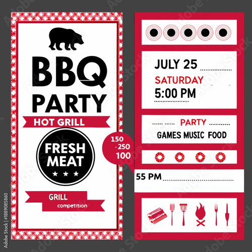 A colorful bbq party invitation with event details and graphic elements