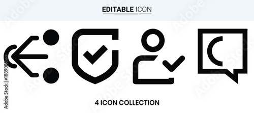 Four simple black icons representing different concepts return security person and chat