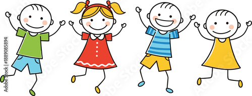 Group of happy cartoon children jumping together, joyful boys and girls in colorful clothes, fun kids character illustration, playful vector drawing