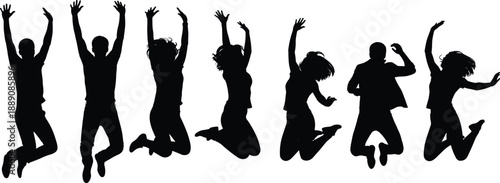 Group of happy people jumping in celebration, energetic silhouette vector perfect for success, freedom, teamwork, youth events, advertising, or motivational designs.