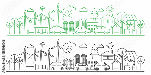 Green energy and sustainable living illustrated in a cityscape design