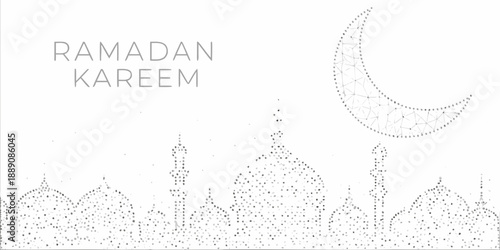 Ramadan kareem greeting with crescent moon and cityscape illustration