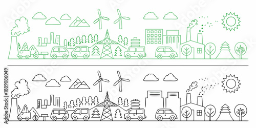 A comparative illustration of a green city versus a polluted urban landscape