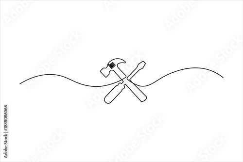 Minimalist one-line art of a crossed hammer and wrench with a centered screwdriver. Elegant industrial tools icon for repair and construction.