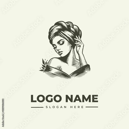 A vintage-style woodcut illustration of a woman's head and shoulders with a logo and slogan on a clean white background.