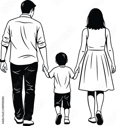 Happy family of three walking together; a father, mother, and their young son holding hands, viewed from the back. Vector illustration on a white background, perfect for use in print and web designs.