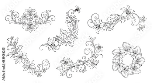 Vector set of decorative floral design elements with flowers and leaves in a vintage ornamental style