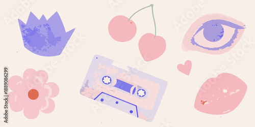 Whimsical illustration featuring cherries flowers an eye and a cassette tape