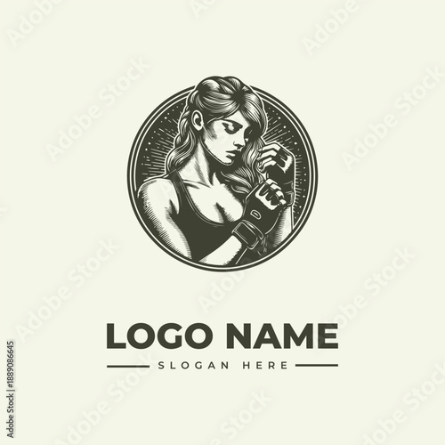 A vintage-style illustration of a woman with a determined expression, wearing a sports bra and wristband, depicted in a circular logo with a subtle texture and bold typography for the logo