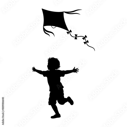 Child flying kite joyful silhouette black vector