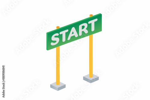 Isometric illustration of a green start signpost with yellow supports