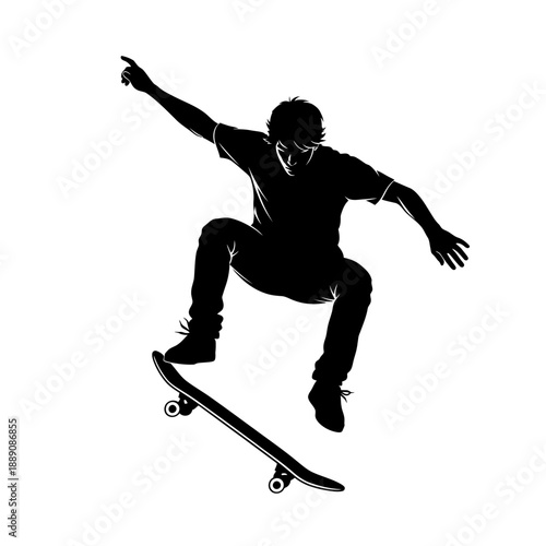 Teen skateboarder mid-air trick black silhouette vector