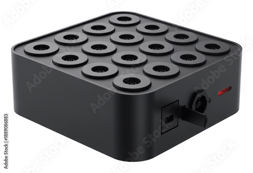 Black cube with round indentations and usb port isolated on a transparent background