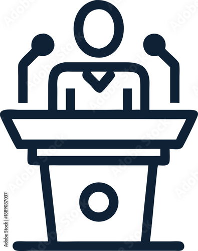 A simple line art icon depicts speaker giving speech behind podium stand with microphone