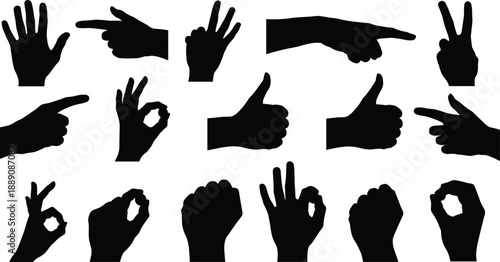 Hand gesture icon set with 20 black silhouette symbols for non-verbal communication and sign language design content