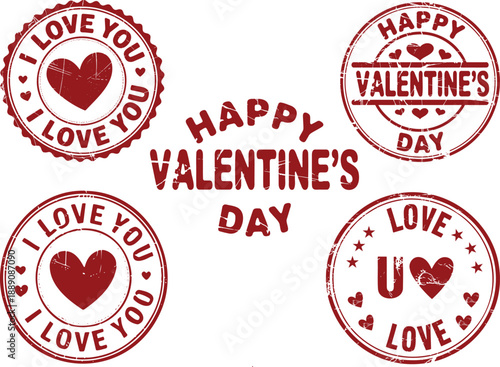 Four circular grunge style rubber stamps with hearts and text for Valentines Day