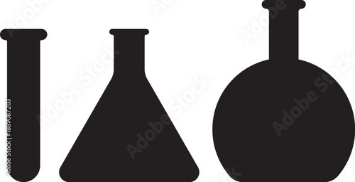 Two black laboratory flasks are displayed side-by-side, a simple graphic on transparent background silhouette high-quality professional detailed modern elegant stylish