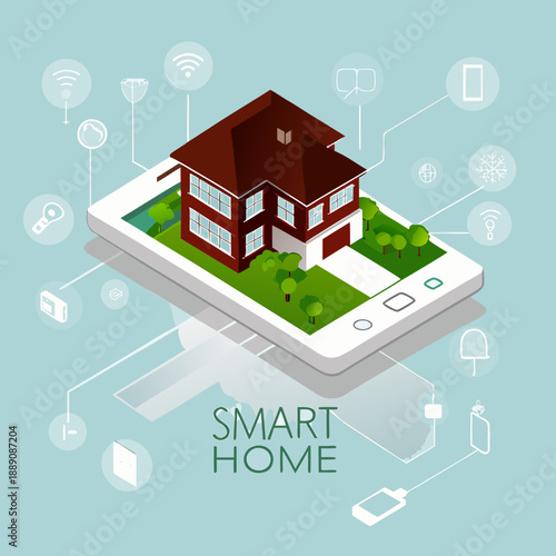 Isometric illustration of a smart home concept on a smartphone display