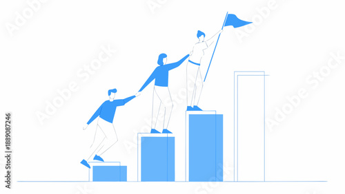 Teamwork and success people climbing steps towards a waving flag