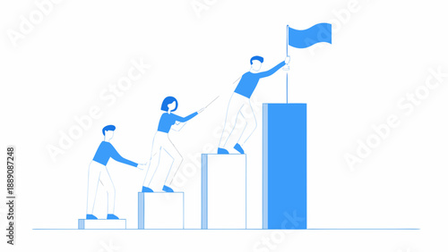 Teamwork and success people climbing steps towards a waving flag
