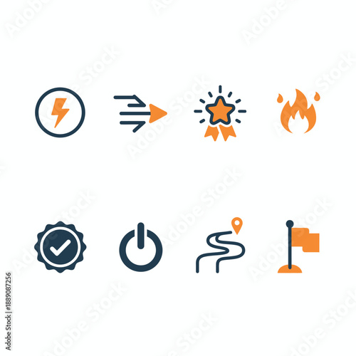 A collection of eight modern flat design icons representing concepts like energy, speed, quality, goals, and progress, isolated on a white background.