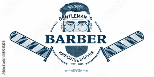 Vintage barber shop emblem featuring a gentleman s face and barber tools