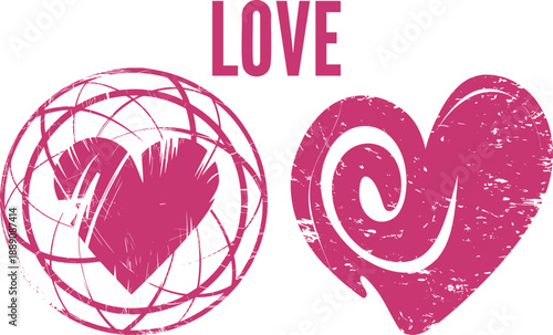 Two distinct magenta heart symbols, one within a globe and another with spiral texture, conveying universal love