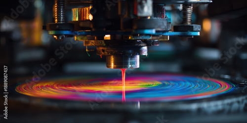 Industrial laser cutting a circular metal sheet with colorful light trails