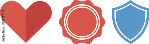 Colorful Badge and Symbol Shapes Vector Set – Heart, Shield, Seal Icons ,Red Heart, Label Badge and Blue Shield