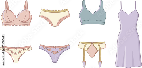 Women lingerie illustration set, bra panties corset garter slip dress sleepwear fashion pastel vector flat design