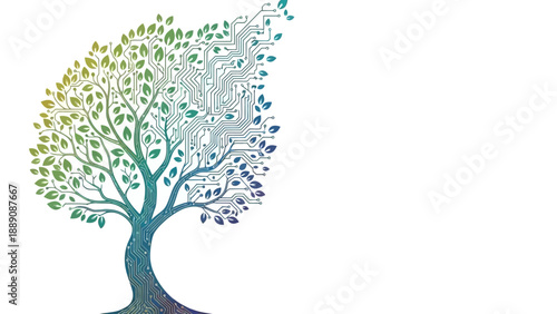 Colorful tree illustration with gradient leaves and branches.