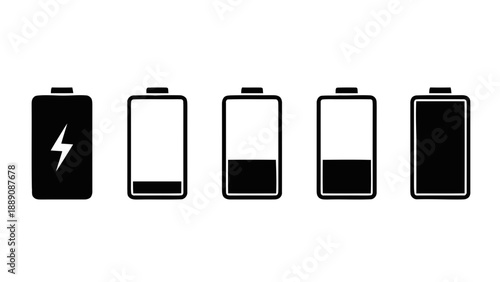 Vector illustration of, on transparent background, battery charge level and charging symbols