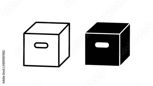 Vector illustration of two minimalist storage boxes, black and white versions, on transparent background, ideal for design