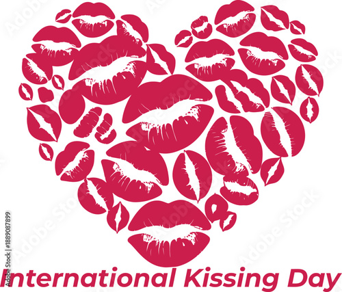 A vibrant heart shape composed entirely of red lipstick kiss marks celebrates International Kissing Day