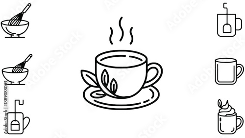 A set of various tea and coffee cup illustrations with saucers and utensils