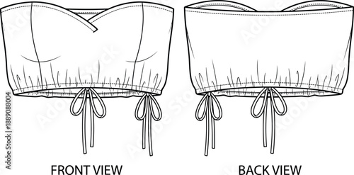 Sweetheart neckline crop top technical sketch, front and back view, drawstring hem detail, fashion design template, flat vector illustration