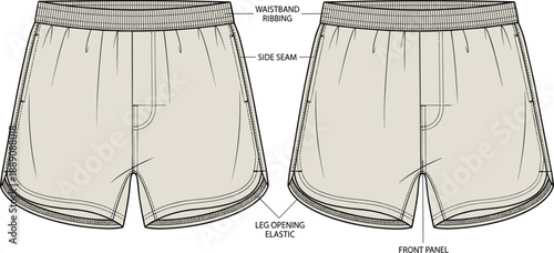 Technical drawing of sports shorts front view, waistband ribbing, leg opening elastic, side seam, front panel, garment construction - flat vector illustration