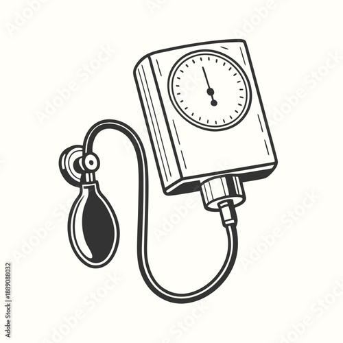 Monochrome aneroid sphygmomanometer shows a reading in a sketch drawing style against plain background
