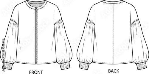 Technical fashion illustration of blouse front and back view, round neckline, button closure, puff sleeves, shirred cuffs - flat vector illustration