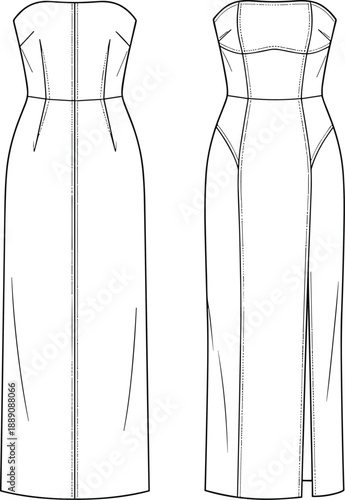 Strapless evening gown fashion template, princess seam sketch with slit, front back view garment design, flat vector illustration