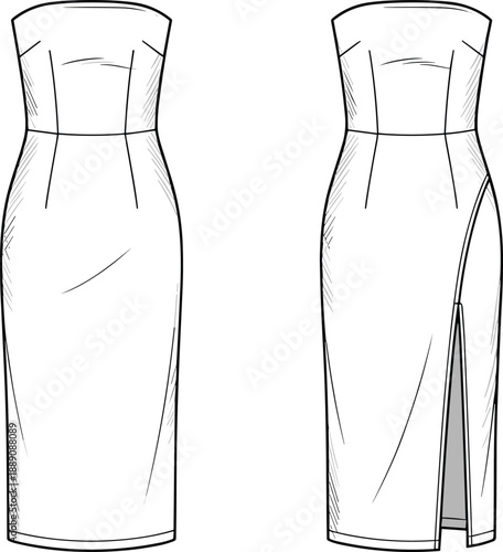 Strapless fitted midi dress technical sketch, front and slit variation, structured bodice, pencil skirt, fashion design template, flat vector illustration